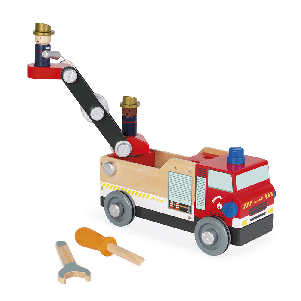 Janod Brico'kids fire engine with tools (included) on a white background