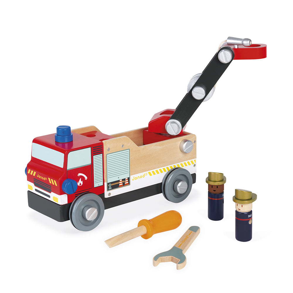 Janod Brico'kids fire engine with tools and figures (included) on a white background