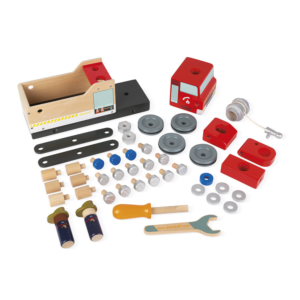 Accessories of Janod Brico'kids fire engine on a white background