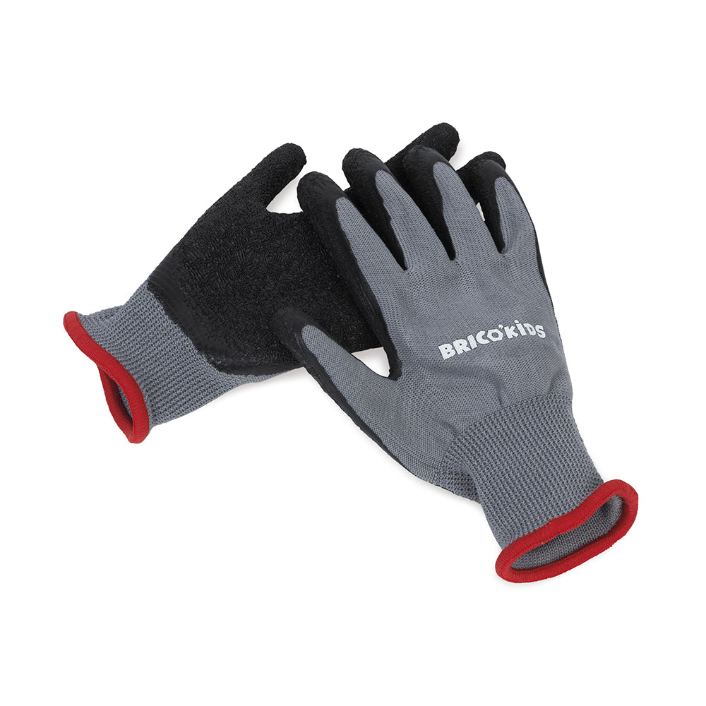 Pair of gray and black gloves from Janod tool belt set on a white background