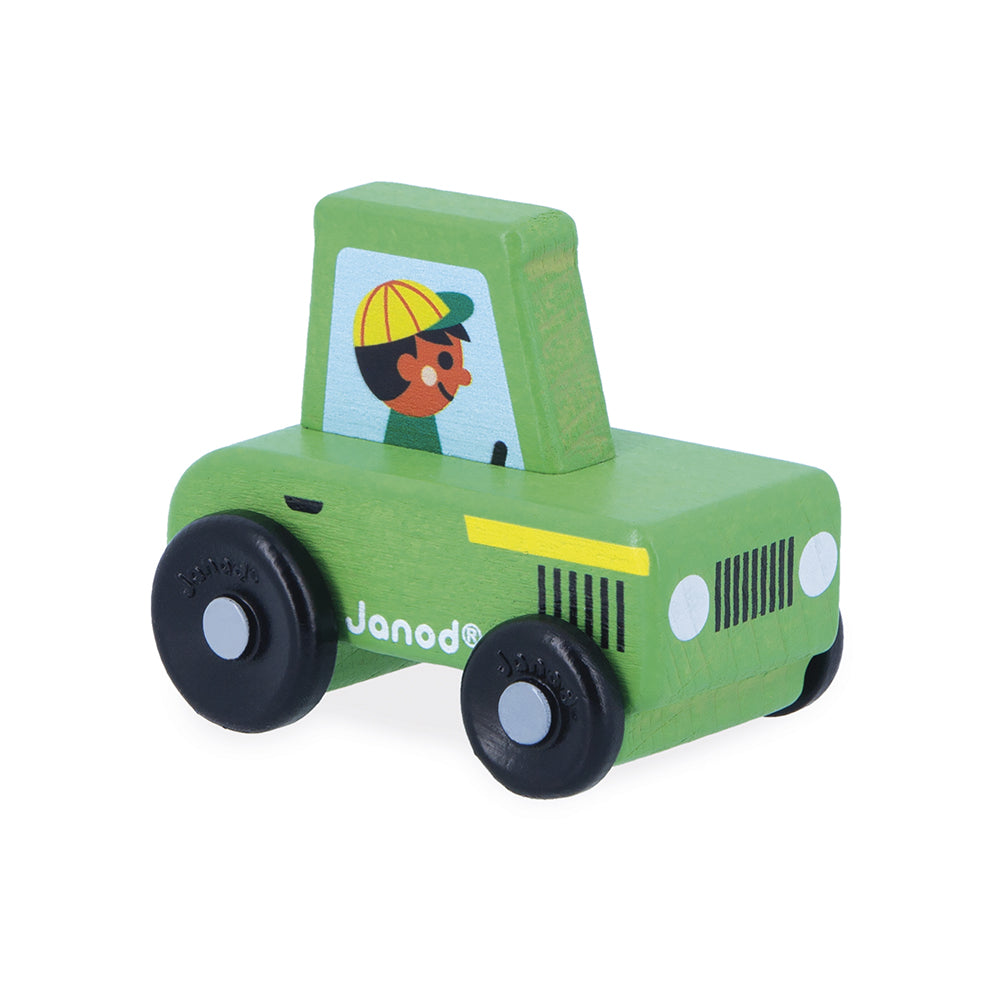 Janod countryside Green wooden tractor on a white background