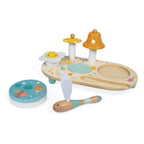 Wooden musical activity table by Janod for sensory play on a white background