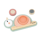 Janod stackable sensory snail toy with detachable parts on a white background