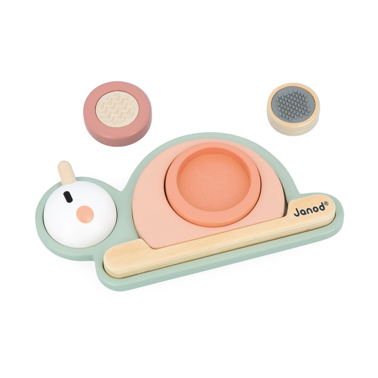 Janod stackable sensory snail toy with detachable parts on a white background