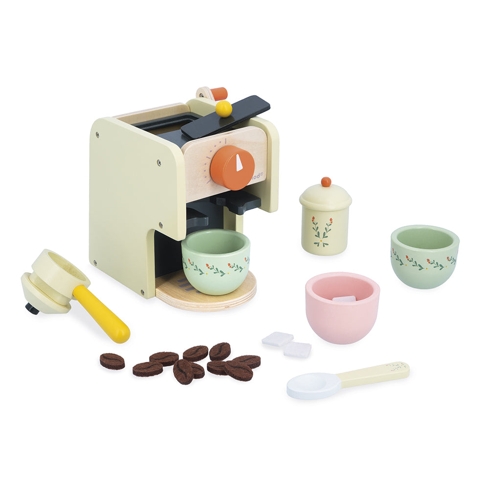 Janod's wooden coffee machine toy for pretend play on a white background