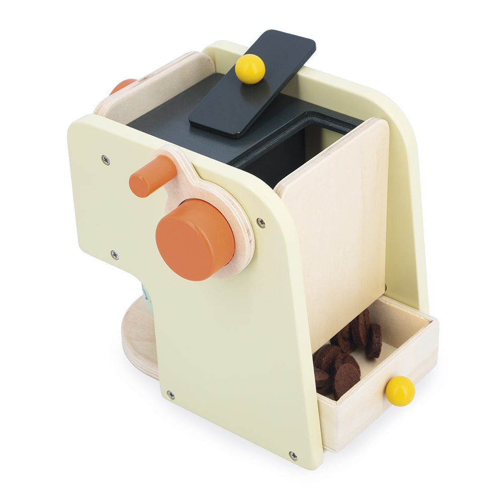 Janod's wooden coffee machine toy for pretend play on a white background