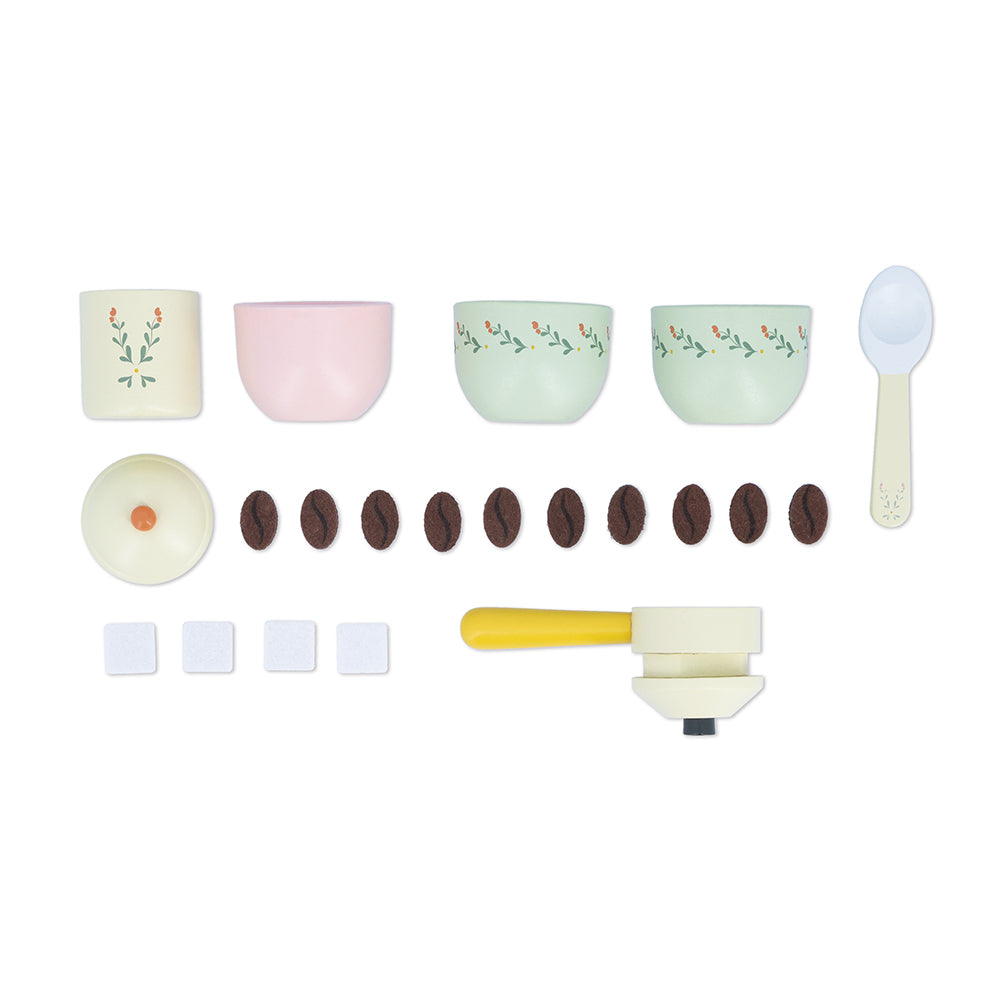 Accessoires of Janod's wooden coffee machine toy on a white background