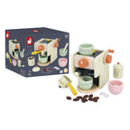 Janod's wooden coffee machine toy for pretend play, front view with original packaging