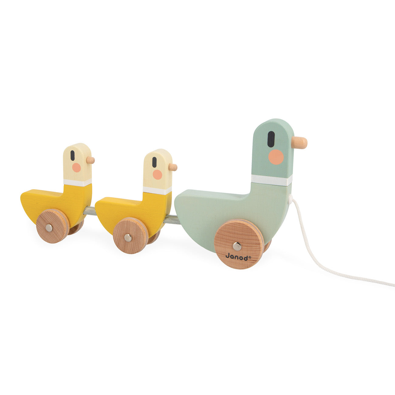 Wooden duck toys by Janod for imaginative play on a white background