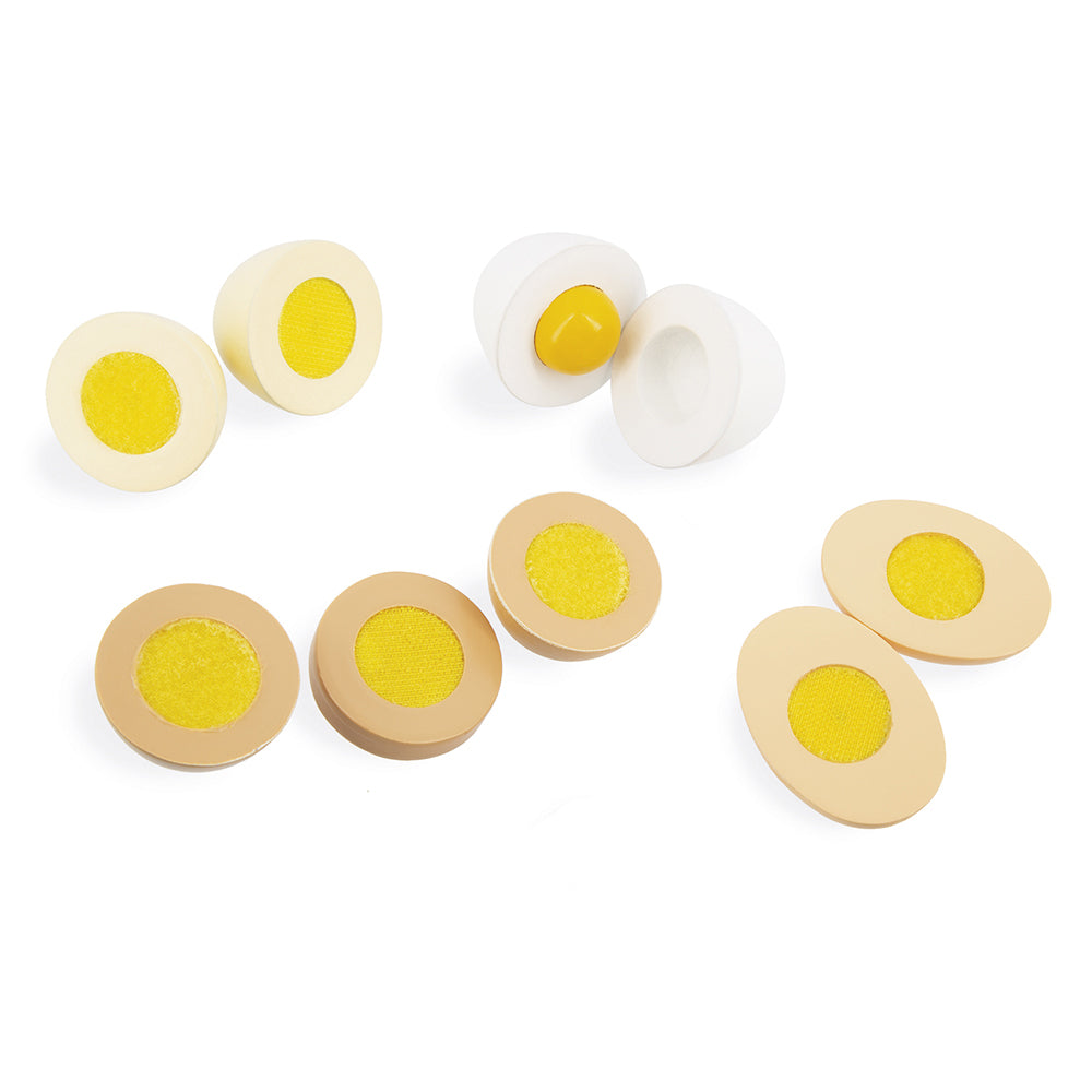 Janod wooden toy eggs for play kitchens on a white background