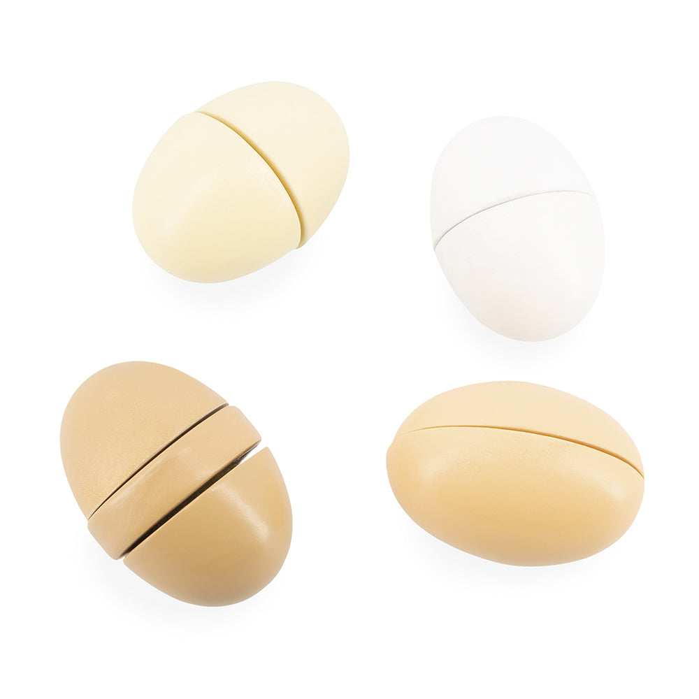 Janod wooden toy eggs for play kitchens on a white background