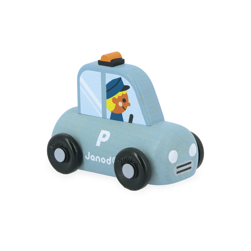 Janod wooden police car toy on a white background