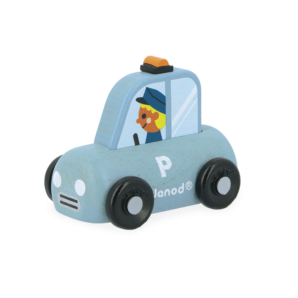 Janod wooden police car toy on a white background