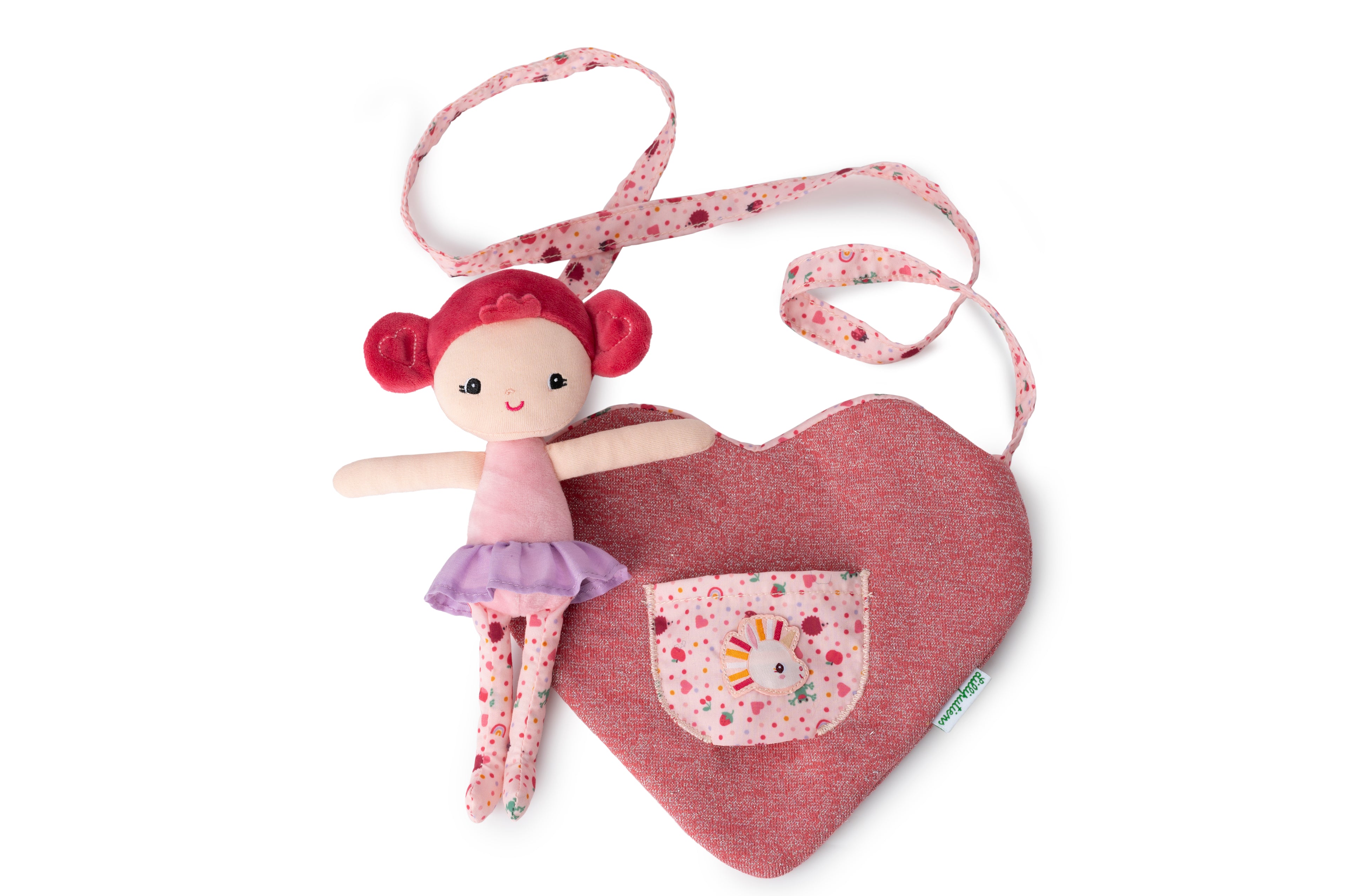 Lilliputiens Aline doll with heart bag on a white background