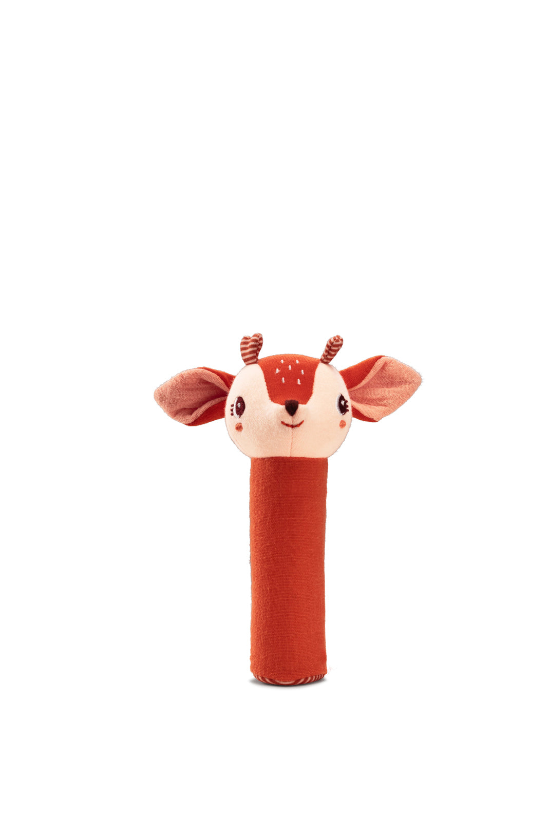 Lilliputiens Stella the Fawn squeeky rattle toy on a white background