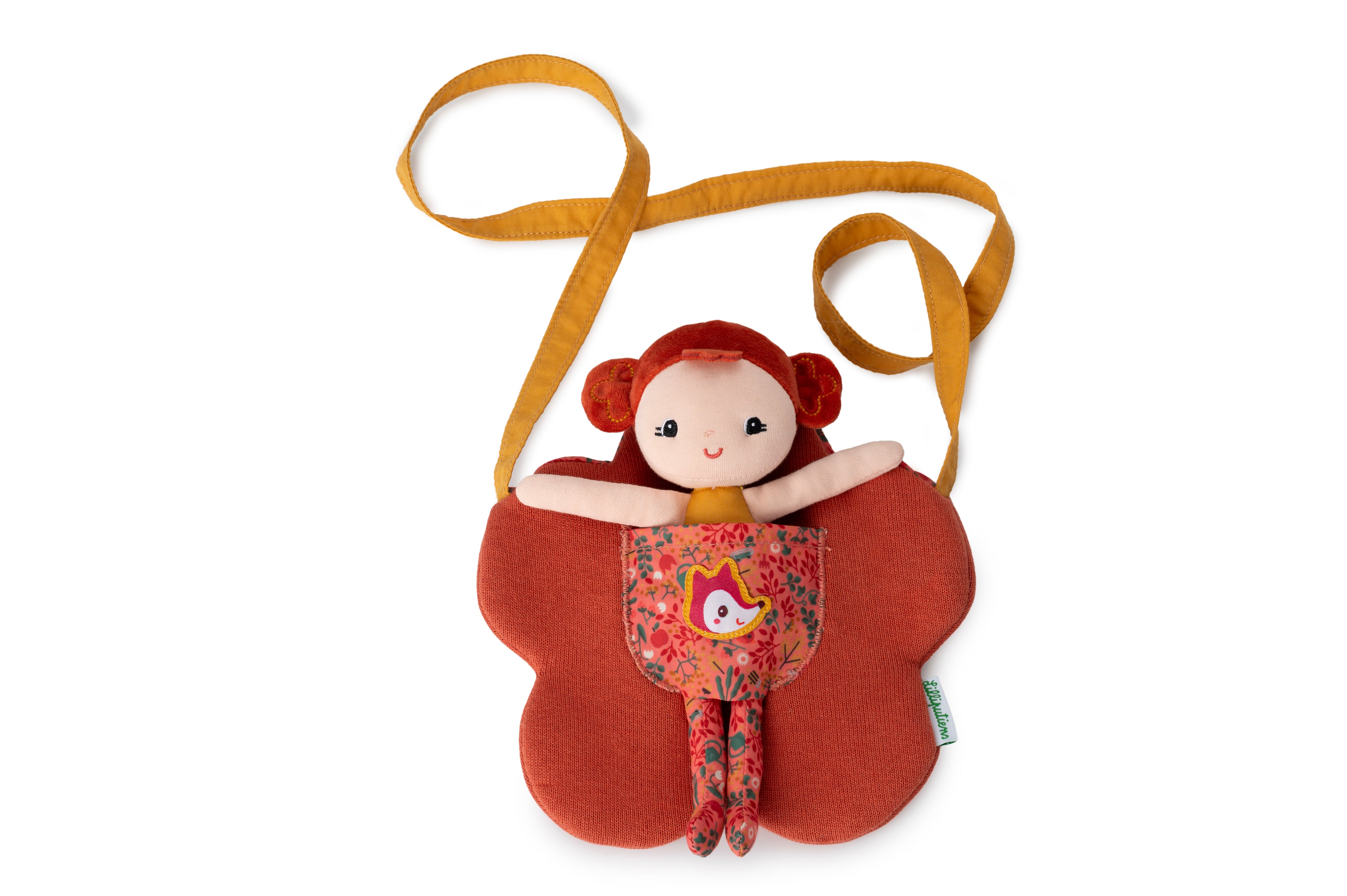 Lilliputiens Adèle doll with flower bag on a white background