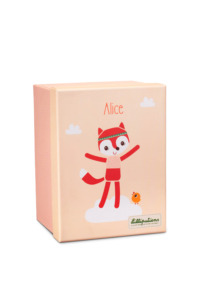 Packaging of Lilliputiens Alice the cuddly fox in box on a white background