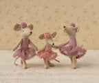 Maileg Ballerina Mouse Big Sister in Heather styled with two other Ballerina mice (not included)