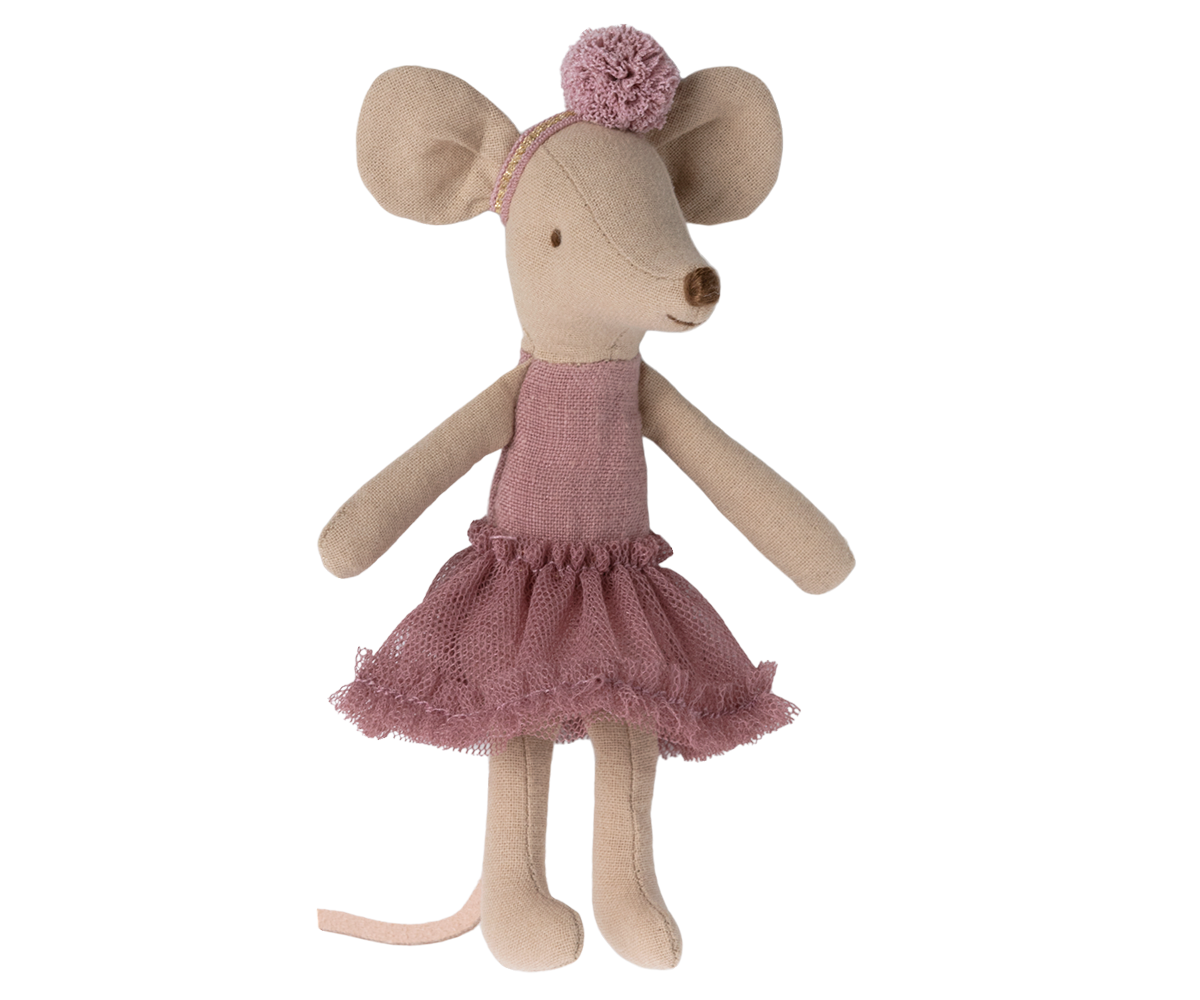 Maileg Ballerina Mouse Big Sister in Heather wearing a pink tutu