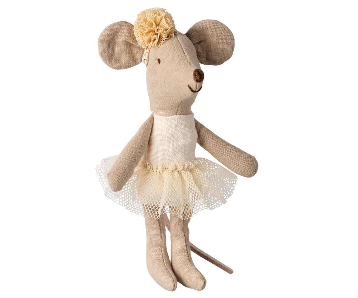 Maileg Ballerina Mouse Little Sister in off-white on a white background