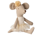 Maileg Ballerina Mouse Little Sister in off-white performing front-splits on a white background