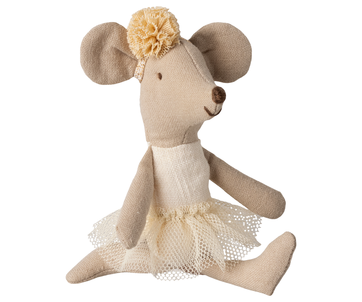Maileg Ballerina Mouse Little Sister in off-white performing front-splits on a white background