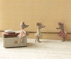 Maileg Ballerina Mouse Little Sister in Rose and Off-white styled next to a ballet barre