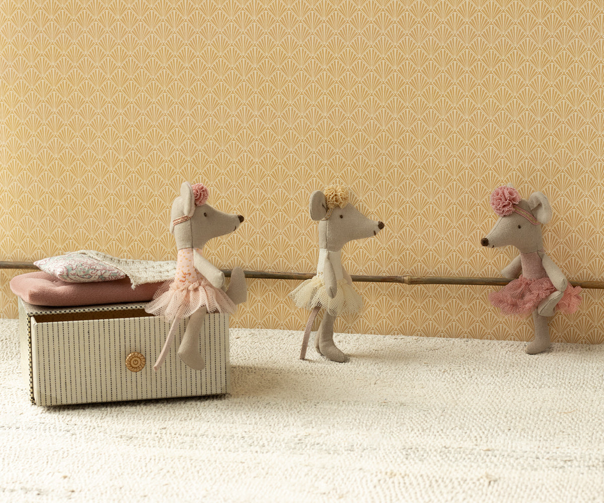 Maileg Ballerina Mouse Little Sister in Rose and Off-white styled next to a ballet barre