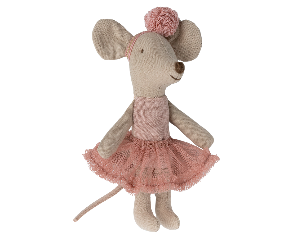 Maileg Ballerina Mouse Little Sister in Rose in a white background
