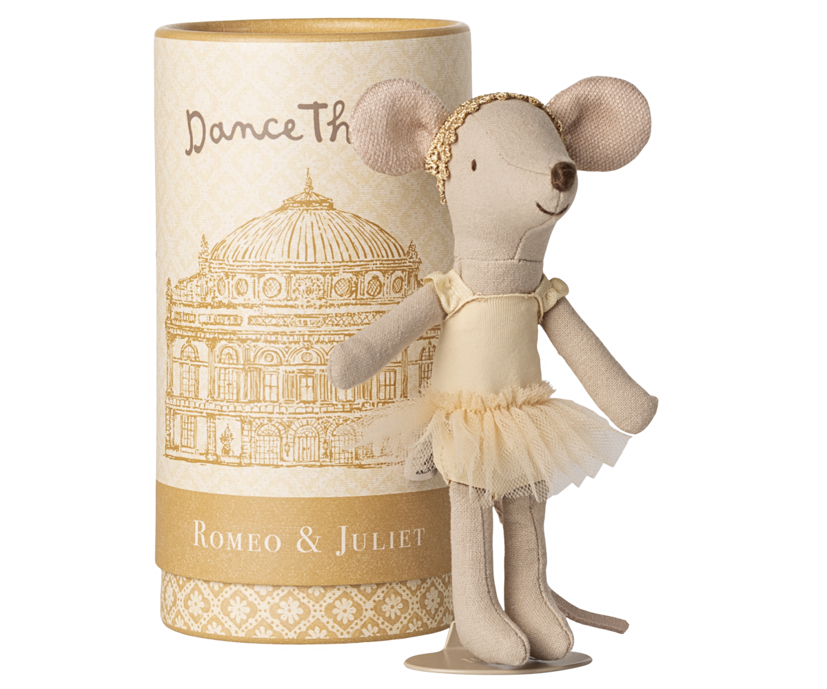 Maileg Ballet Dancer Mouse Big Sister in a tutu dress styled in front of original packaging