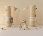 Maileg Ballet Dancer Mouse Big Sister in a tutu dress styled with another mouse, a string of flags and original packaging