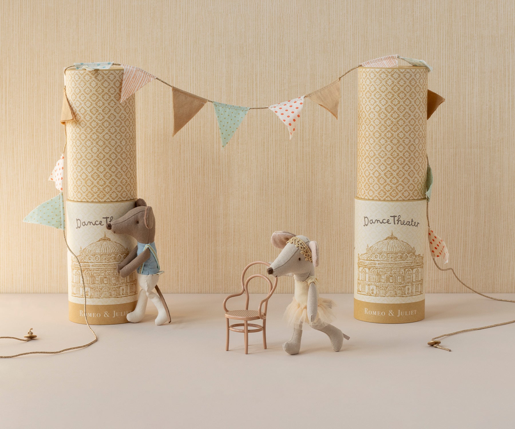 Maileg Ballet Dancer Mouse Big Sister in a tutu dress styled with another mouse, a string of flags and original packaging