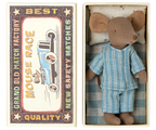 Maileg Big Brother Mouse laying on matchbox with blue-striped-pyjamas