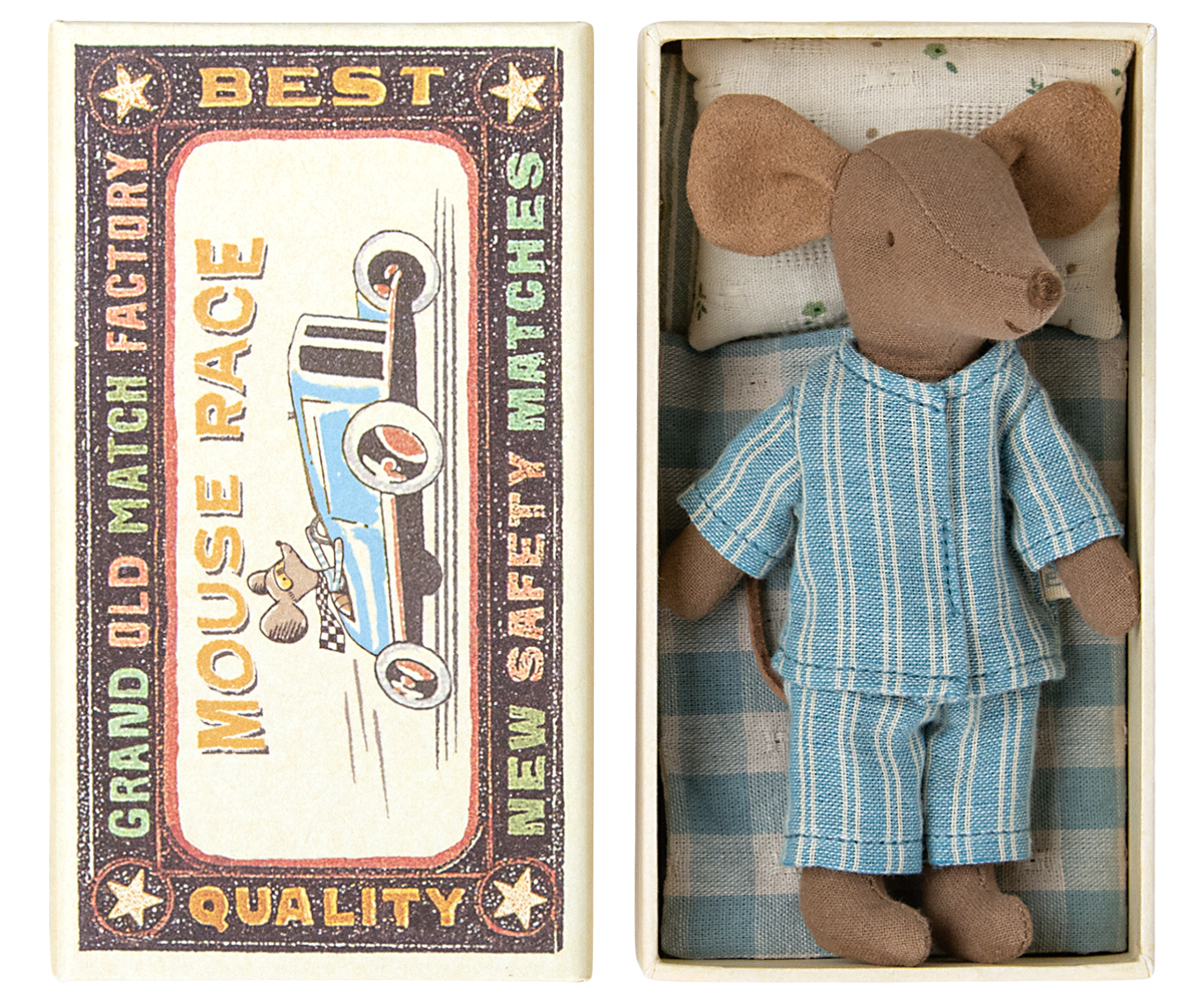 Maileg Big Brother Mouse laying on matchbox with blue-striped-pyjamas