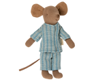 Maileg Big Brother Mouse in matchbox with blue-striped-pyjamas on a white background