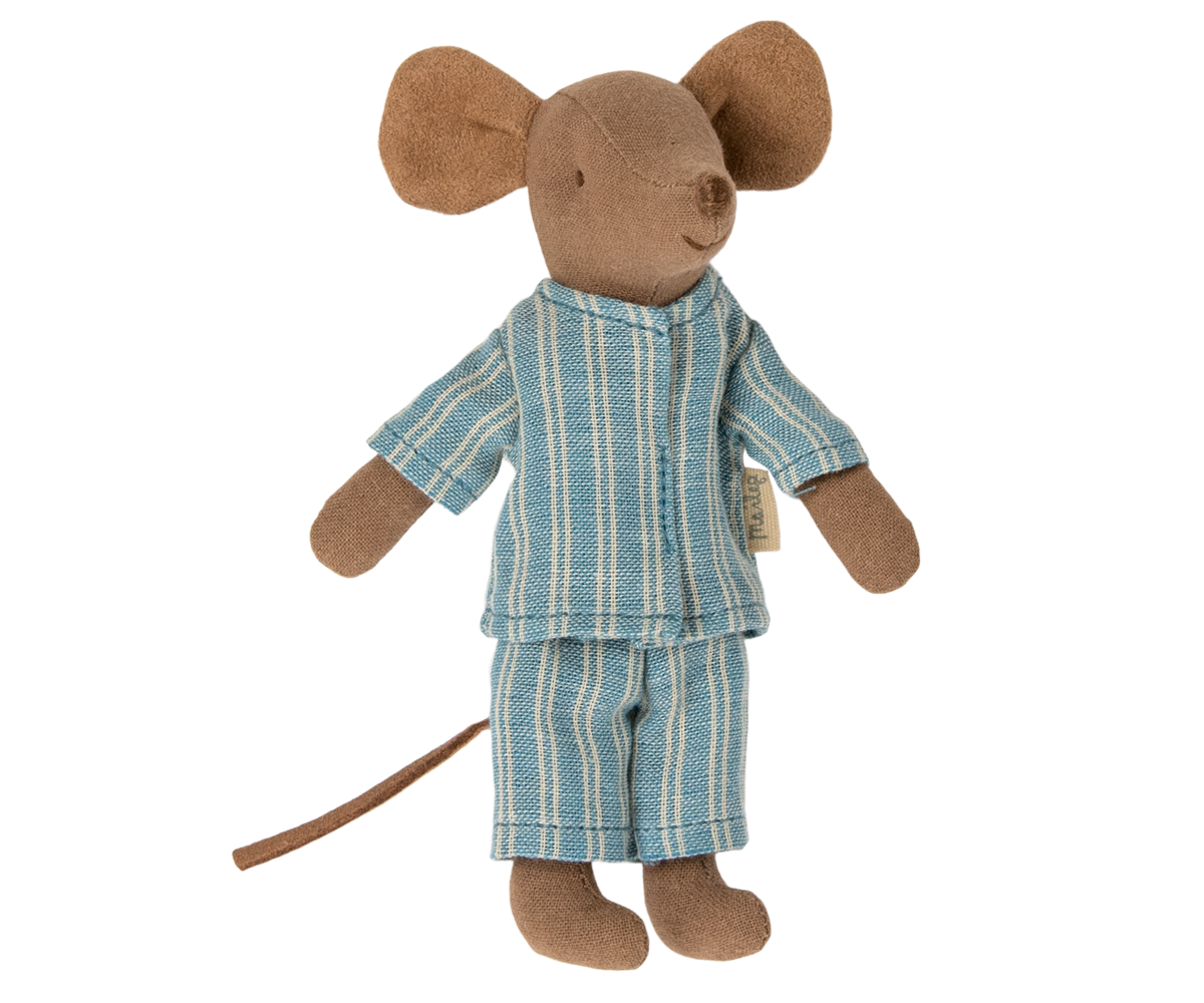 Maileg Big Brother Mouse in matchbox with blue-striped-pyjamas on a white background