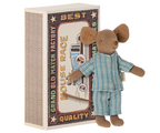 Maileg Big Brother Mouse with blue-striped-pyjamas styled in front of a matchbox