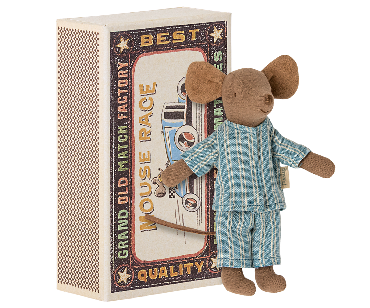 Maileg Big Brother Mouse with blue-striped-pyjamas styled in front of a matchbox