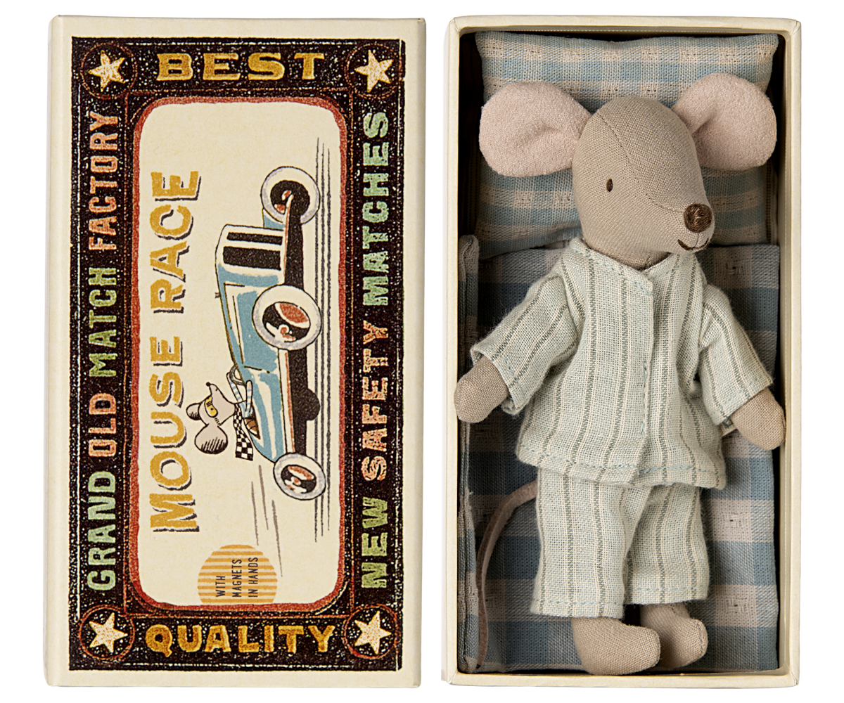Maileg Big Brother Mouse laying on matchbox with light-blue-pyjamas