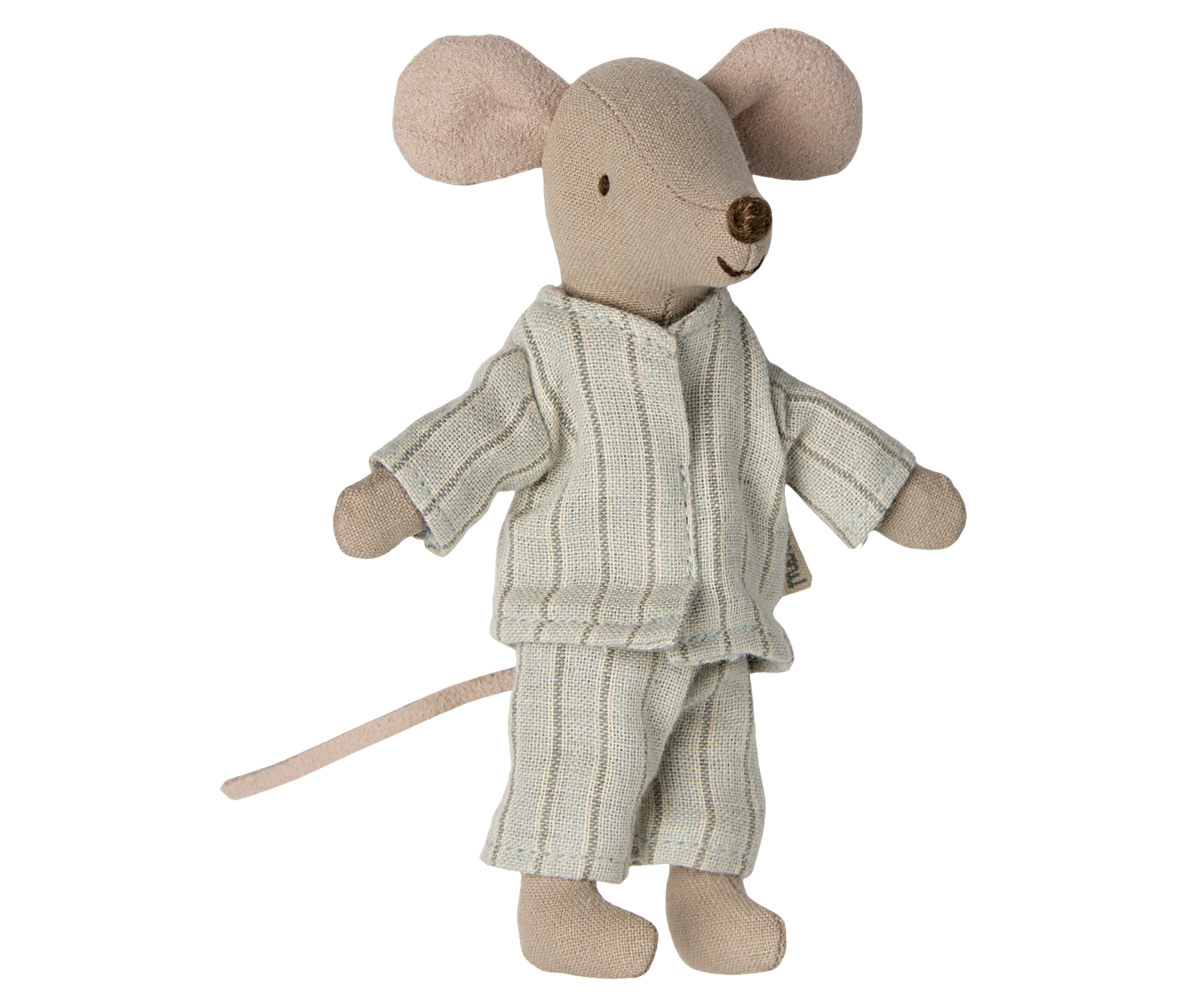 Maileg Big Brother Mouse in matchbox with light-blue-pyjamas on a white background