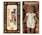 Maileg Big Sister Mouse in matchbox bed wearing a white outfit with yellow flowers