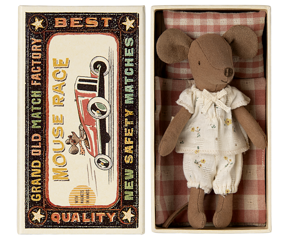 Maileg Big Sister Mouse in matchbox bed wearing a white outfit with yellow flowers