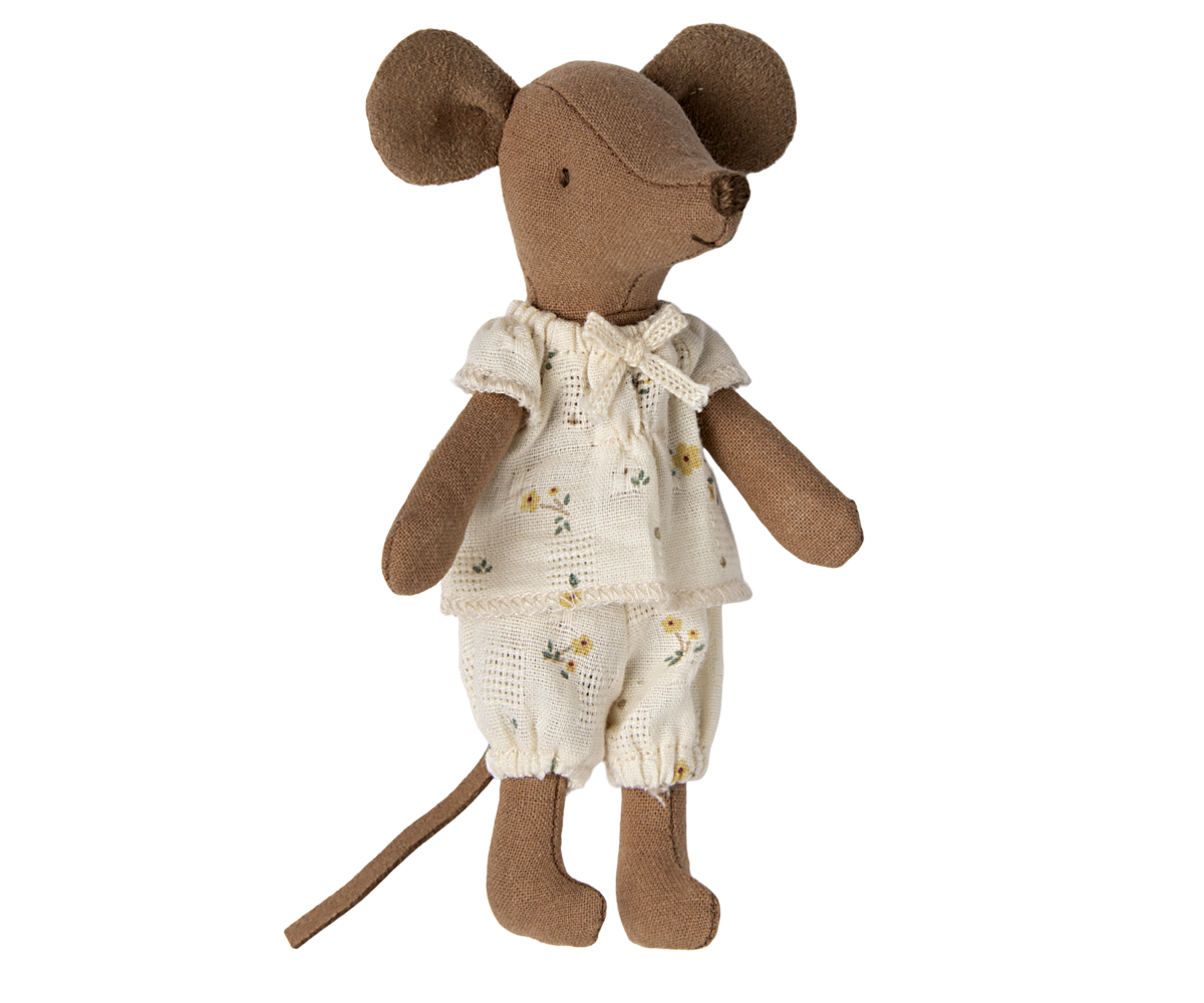 Maileg Big Sister Mouse wearing a white outfit with yellow flowers on a white background