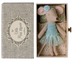 Maileg Dance Mouse Little Sister lying on a matchbox bed wearing a blue outfit