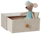 Maileg Dance Mouse Little Sister sitting in matchbox bed wearing a blue outfit