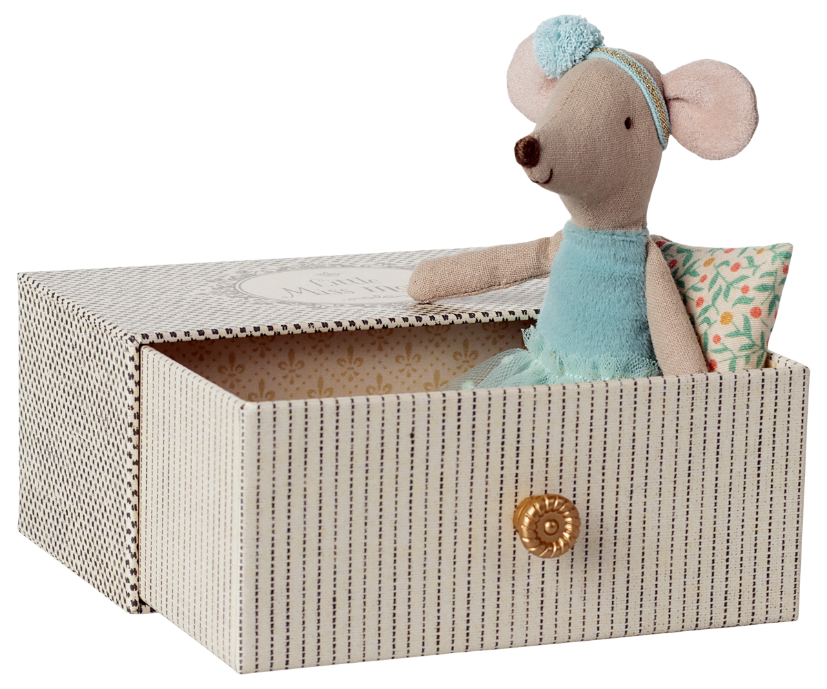 Maileg Dance Mouse Little Sister sitting in matchbox bed wearing a blue outfit