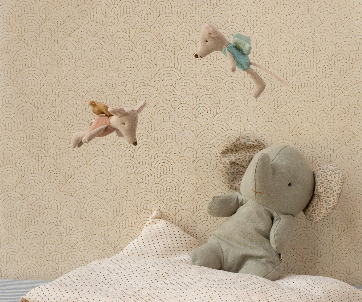 Maileg Fairy Mouse Little in Powder styled flying in a neutral room with another Fairy Mouse (not included)