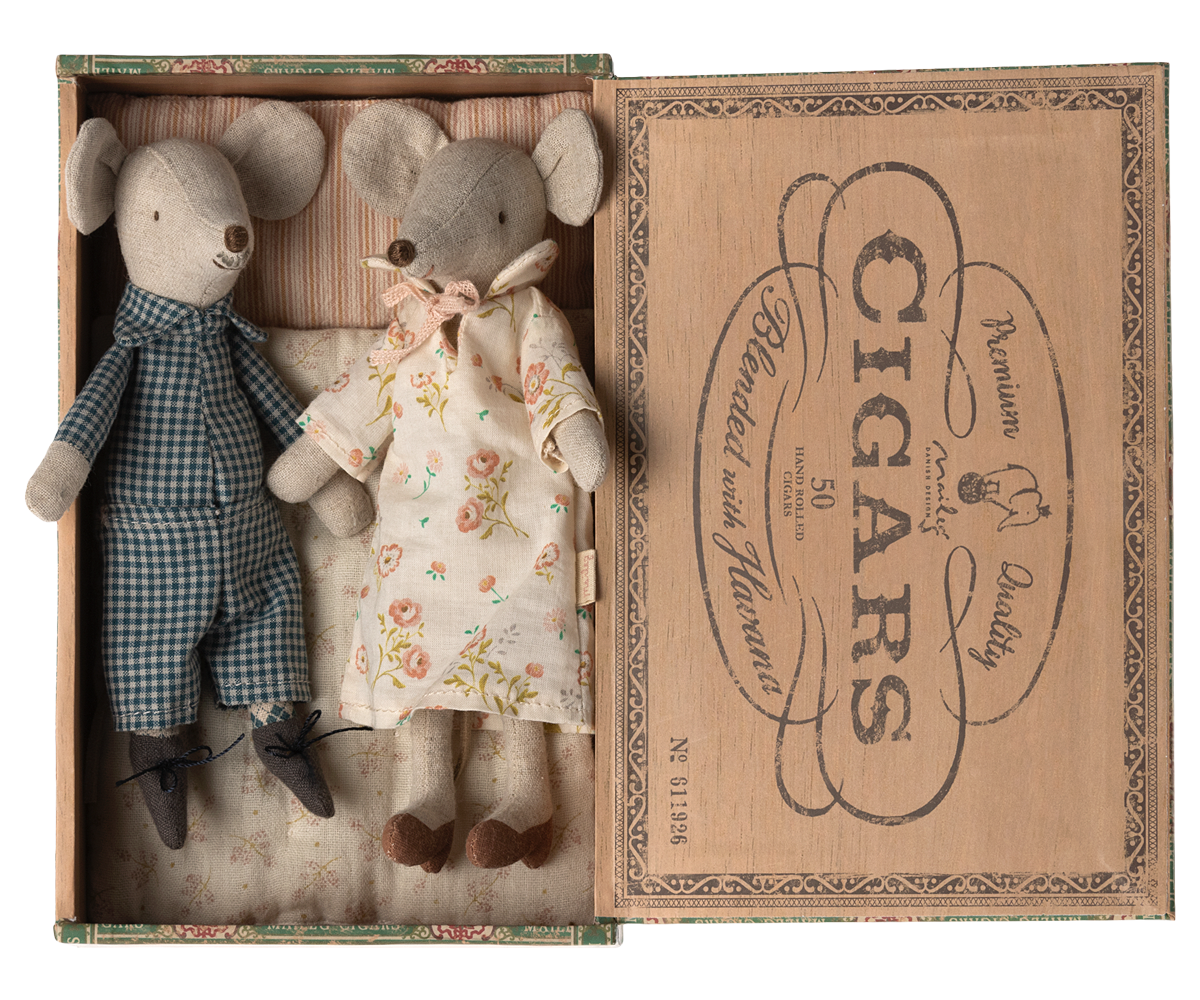 Maileg Grandma and Grandpa Mice set in cigar box