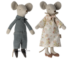 Maileg Grandma and Grandpa Mice wearing blue checked and flower pyjamas