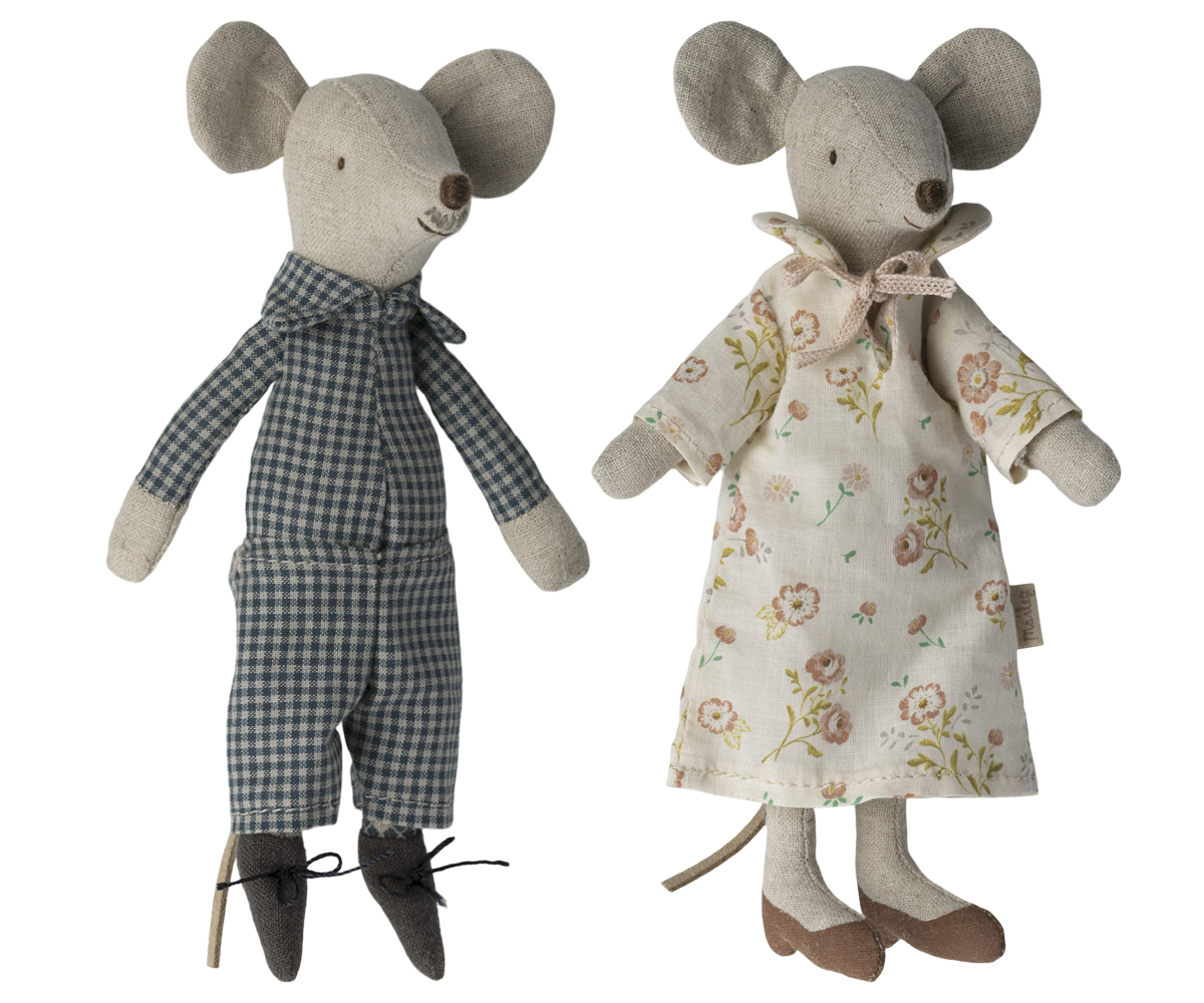 Maileg Grandma and Grandpa Mice wearing blue checked and flower pyjamas